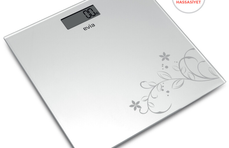 Evia Fokus 180kg Kapasiteli 5mm Dayanıklı Temper Camlı Beyaz Desenli Dijital Baskül Tartı Beyaz
