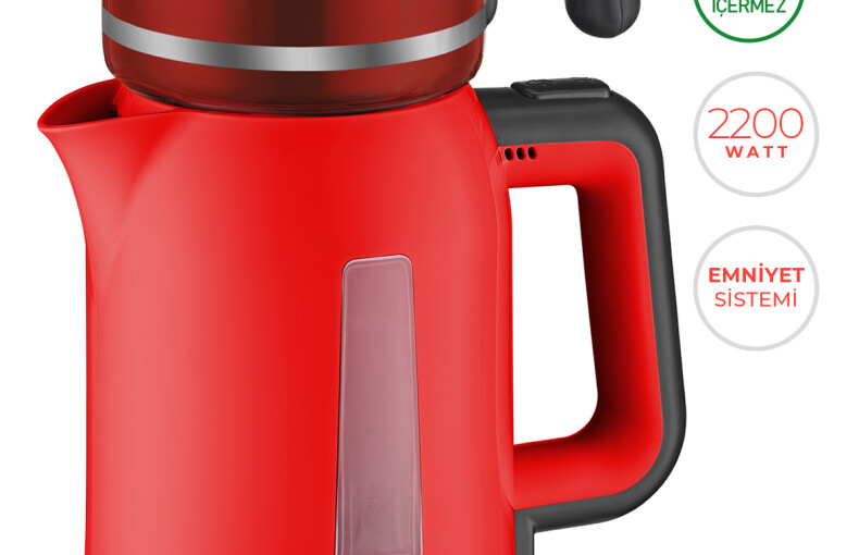 Evia Çayzade Kırmızı 2200 Watt Cam Demlikli Bpa İçermeyen Çay Makinesi Ve Su Isıtıcısı