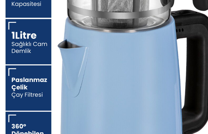 Goldmaster Emirgan Buz Mavisi 2200 Watt Geniş Hazneli Paslanmaz Çelik Çay Makinesi Ve Su Isıtıcısı