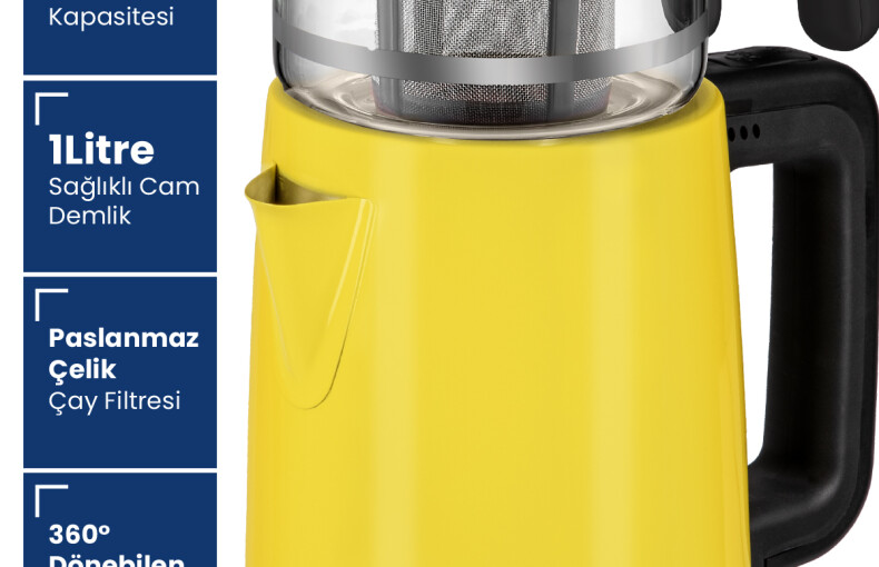Goldmaster Emirgan Sarı  2200 Watt Geniş Hazneli Paslanmaz Çelik Çay Makinesi Ve Su Isıtıcısı
