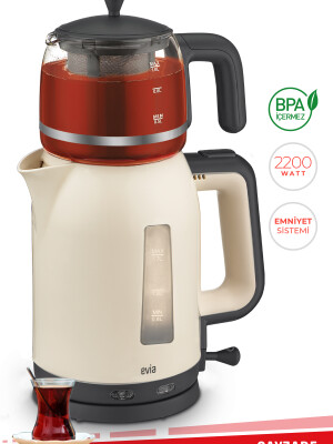 Evia Çayzade Krem 2200 Watt Cam Demlikli Bpa İçermeyen Çay Makinesi Ve Su Isıtıcısı
