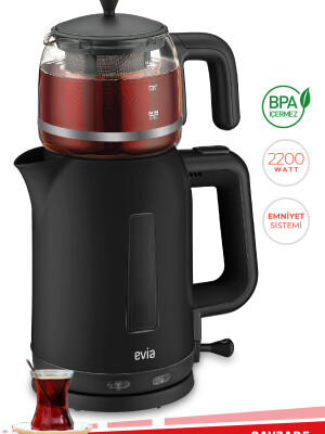 Evia Çayzade Siyah 2200 Watt Cam Demlikli Bpa Içermeyen Çay Makinesi Ve Su Isıtıcısı