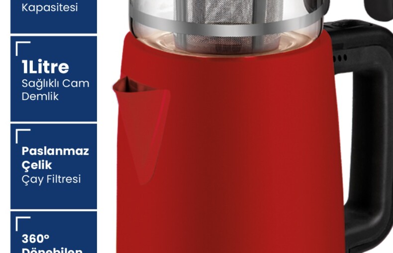 Goldmaster Emirgan Kırmızı 2200 Watt Geniş Hazneli Paslanmaz Çelik Çay Makinesi Ve Su Isıtıcısı