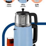 GoldMaster Emirgan Buz Mavisi 2200 Watt Geniş Hazneli Paslanmaz Çelik Çay Makinesi Ve Su Isıtıcısı